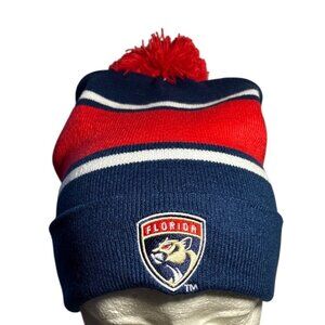 Florida Panthers & BMW Knit Beanie Hat Red & Blue Stripes W/ Pom Pom Winter Cap